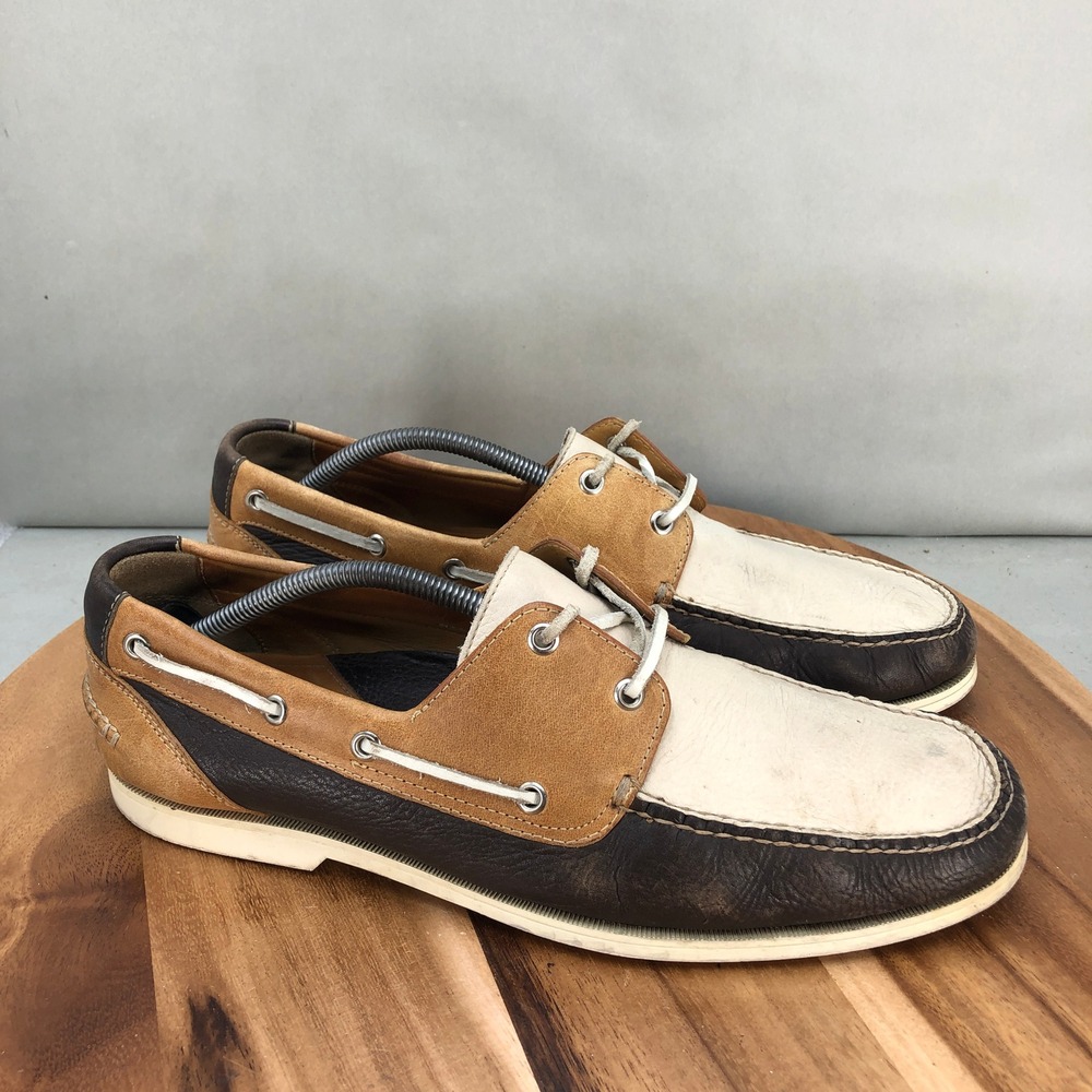 Cole Haan Air Boat Shoes Mens 13 M White Brown Blue Leather Sneakers 2 Eye